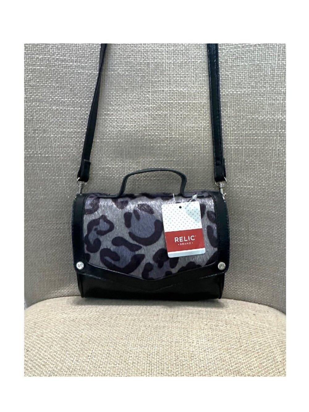 NWT RELIC Crossbody Bag Black, Gray & Light Purple Animal Print Pattern Handbag